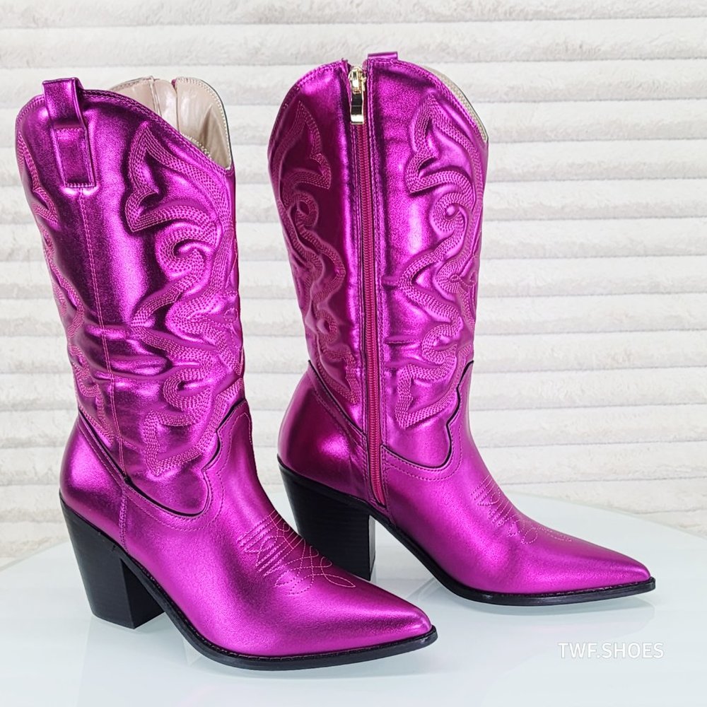 Electric Mid Calf Cowboy Hot Pink Brush Metallic Matte Western Cowgirl Boots - Picture 8 of 8